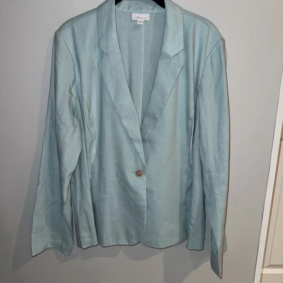 J JILL Love Linen Blazer Sea Glass Bl Single Button Unlined Jacket Petite Large - Picture 1 of 11